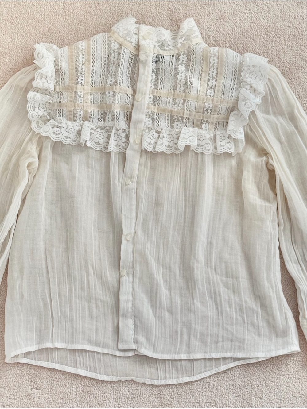 Vintage Duck Soup 70’s Cream Prairie Blouse Ruffle Lace Detail XS